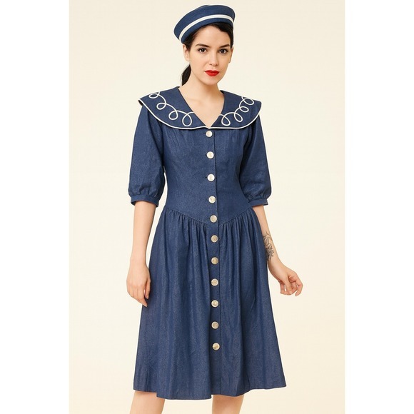 Vintage Navy Blue Midi Denim Sailor Dress with Button Detail